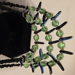 Vintage Green And Black Glass Beaded 3 Tier Necklace 26" Long